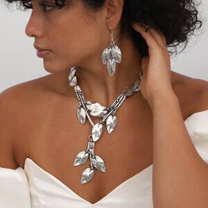 Antique Silver Plated Leaf necklace and Earrings jewelry Set
